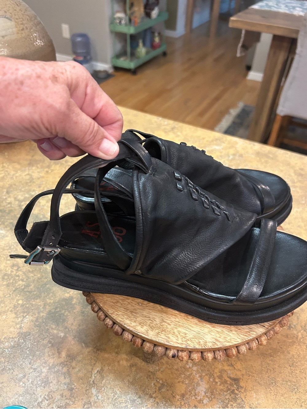 A.S.98 Black Leather Platform Sandal with Ankle Buckle - Picture 8 of 14